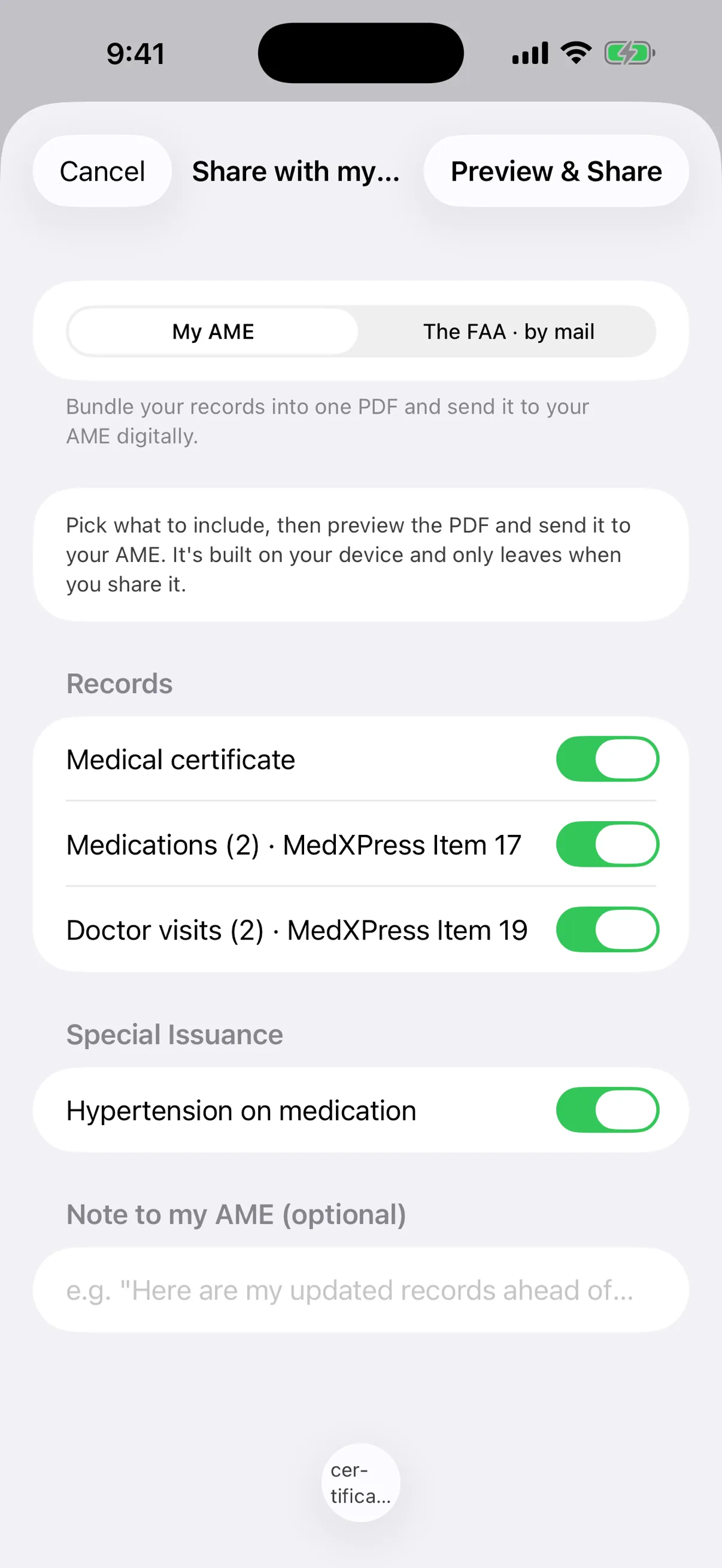 The Share-with-your-AME screen, choosing which records to bundle into one PDF